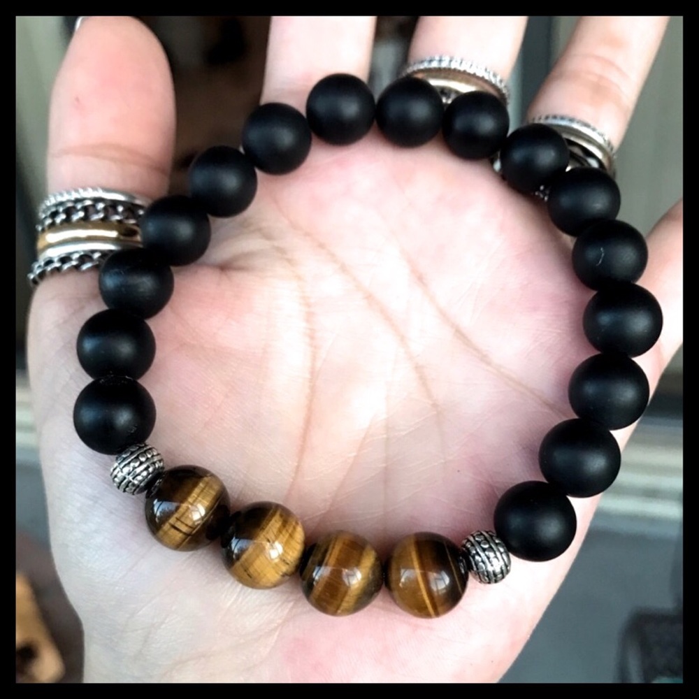 Genuine golden tiger eye & matte onyx men bracelet